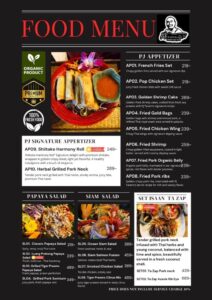 PJ Tavern Thai Restaurant Food Menu in Jomtien Pattaya — authentic Thai dishes, seafood, and signature appetizers.