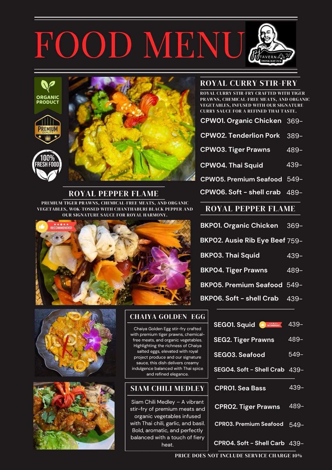 PJ Tavern Thai Stir-Fry Menu Pattaya – Signature organic stir-fried dishes featuring tiger prawns, sea bass, and premium Thai ingredients.