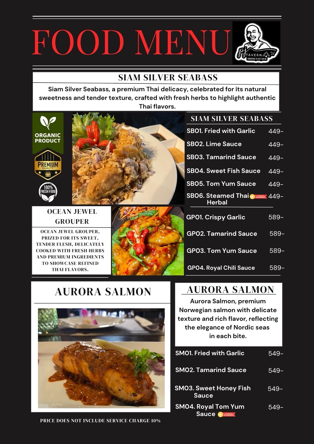 Fresh Thai seafood — red snapper, grouper, and salmon grilled to perfection at PJ Tavern Pattaya. Premium fish cooked with authentic Thai herbs and sauces.