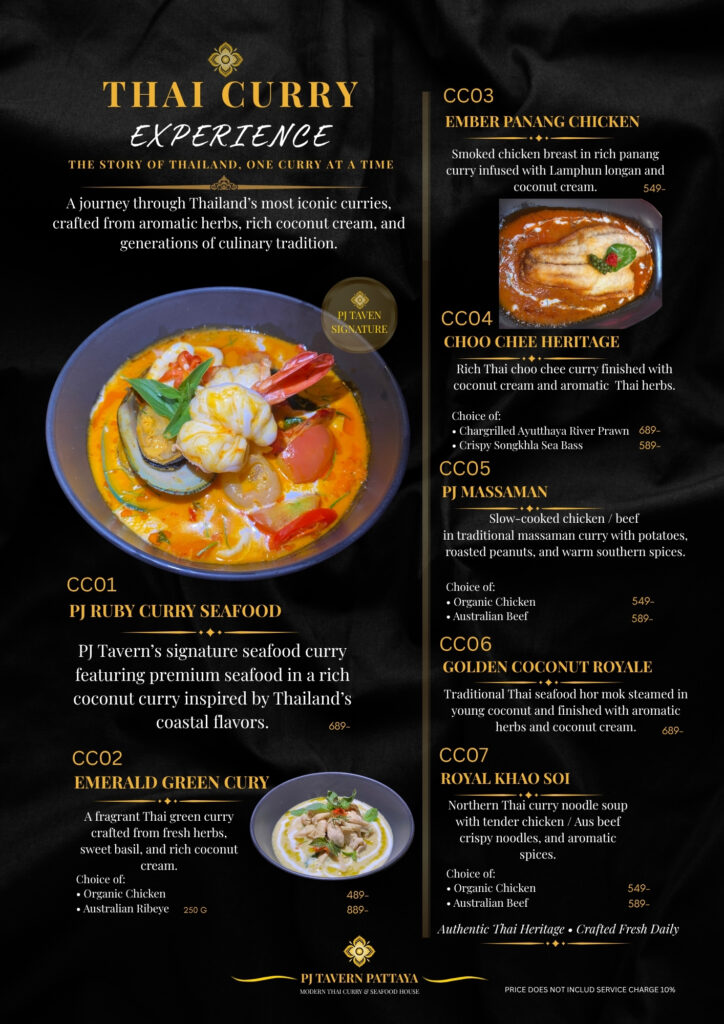 Authentic Thai curries at PJ Tavern Pattaya featuring PJ Ruby Curry, Green Curry, Panang Curry, Massaman Curry, Choo Chee, Hor Mok, and Royal Khao Soi.