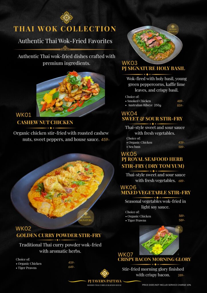 Authentic Thai wok collection featuring Cashew Nut Chicken, Holy Basil Stir-Fry, Curry Powder Stir-Fry, mixed vegetables, and Thai seafood stir-fry at PJ Tavern Pattaya.