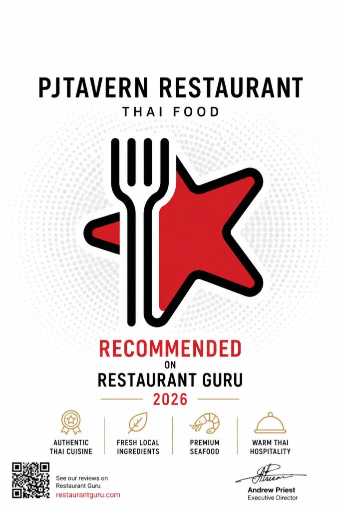 Restaurant Guru Recommended 2026 award for PJ Tavern, premium Thai restaurant in Pattaya serving authentic Thai food, Thai curry and fresh seafood.