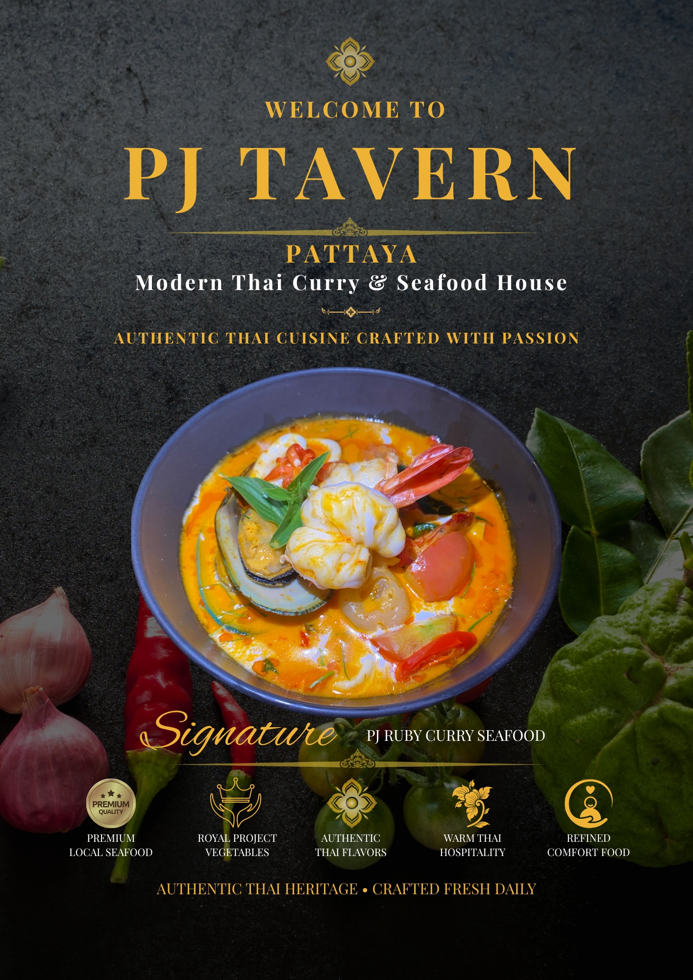 PJ Tavern Signature Ruby Curry Seafood with premium Andaman seafood served at an authentic Thai restaurant in Pattaya.