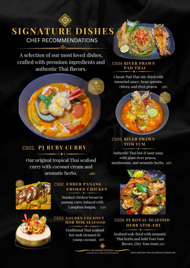Signature Thai dishes at PJ Tavern in Pattaya featuring River Prawn Pad Thai, PJ Ruby Curry, River Prawn Tom Yum and authentic Thai seafood specialties.